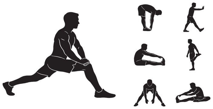 Collection of black silhouette illustrations of a man performing various stretching exercises, demonstrating flexibility and fitness.