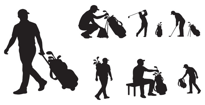 Set of golfer silhouettes in various poses, including walking, swinging, and carrying clubs, on a white background.
