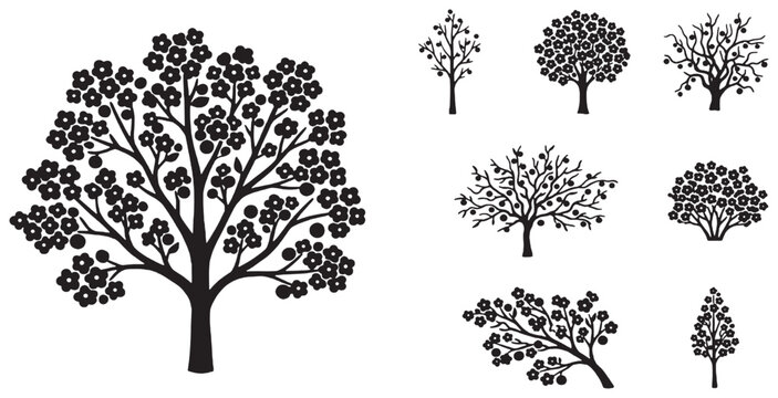 Set of black silhouette trees with blossoms, including apple, cherry, and other flowering varieties, isolated on a white background, perfect for graphic design elements and nature-themed projects.
