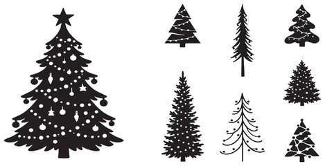 Obraz premium Collection of various black silhouette Christmas tree designs, some decorated with lights and ornaments, suitable for holiday graphics.