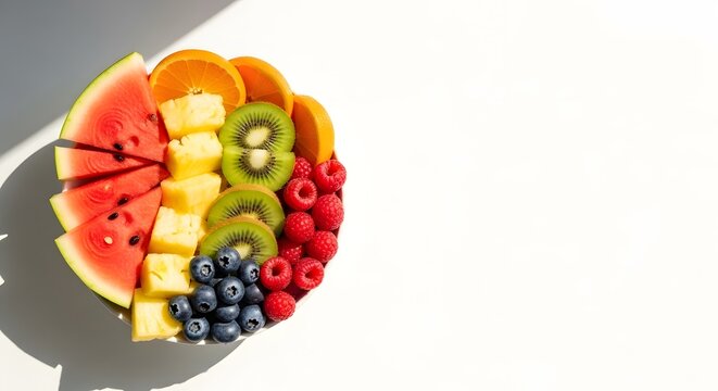 Fresh fruit platter with watermelon, kiwi, and berries on white background