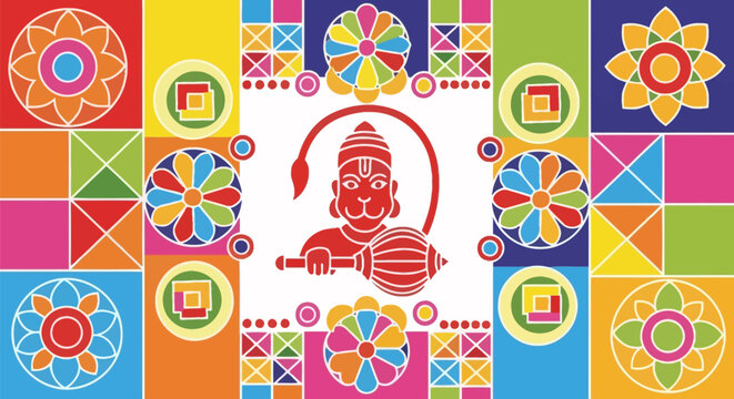 Lord Hanuman holding a mace in a vibrant illustration.