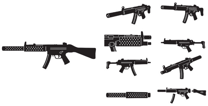 Collection of vector illustrations showcasing various submachine gun models and configurations with different attachments.