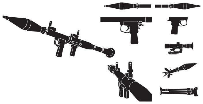 Collection of various military weapons including rocket-propelled grenade launchers, handguns, and a rifle scope in black silhouette.