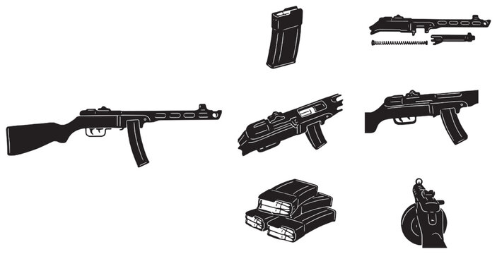 A collection of detailed black and white illustrations showcasing various submachine guns, magazines, and disassembled firearm components.
