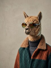 Fototapeta premium Cool Alpaca Wearing Stylish Winter Coat and Round Sunglasses