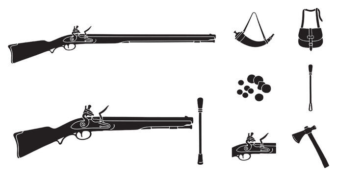 Collection of historical flintlock muskets and essential accessories including powder horn, shot pouch, musket balls, and tomahawk.
