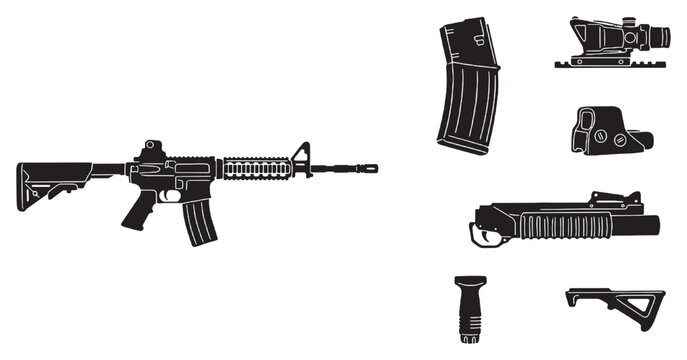 Black and white illustration of a tactical rifle with various firearm accessories and attachments.