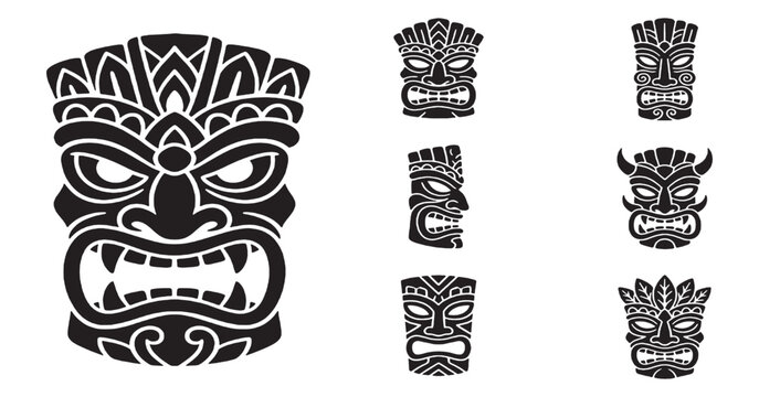 Black and white vector illustration of various traditional Polynesian tiki masks with tribal patterns and fierce expressions.