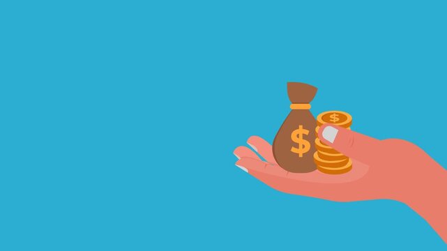 A flat design animation of financial growth. The hand holding money symbolizes effort, while the upward arrow indicates progress, profit, and a brighter financial future.