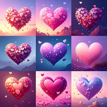 A 3x3 collage of heart-shaped images in various colors and designs