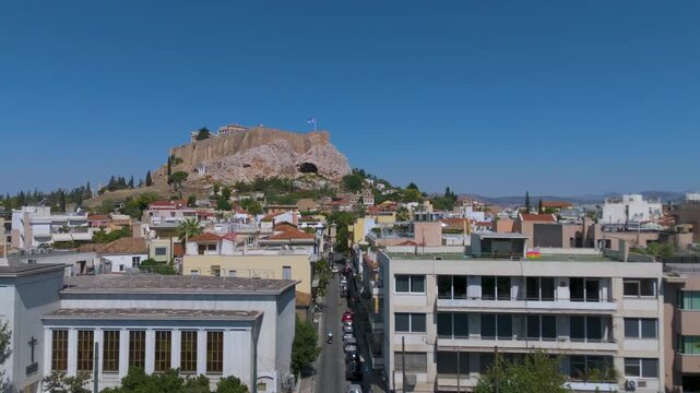 Athens, Greece: Aerial view of Hadrian&rsquo;s Arch and the ancient ruins of Athens on a sunny day.