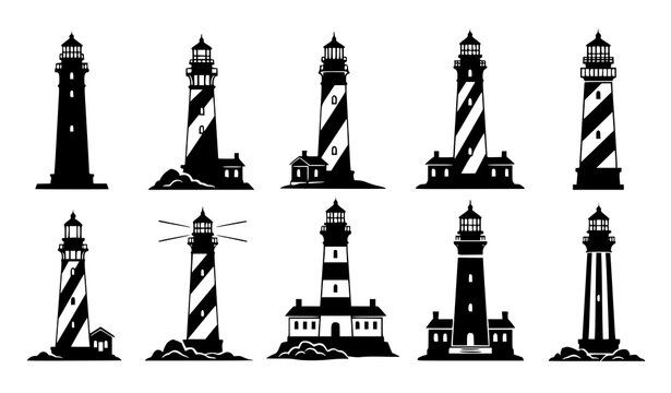 Lighthouse silhouettes vector set coastal beacon tower icons isolated on white background