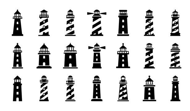 Coastal lighthouse icon set silhouette maritime tower vector illustration isolated