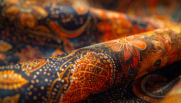 Close up of ornate floral fabric with a dark background and detailed texture