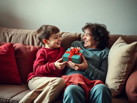 Kid surprises parent with a loving gift on the couch, celebrating a special bond and happy holiday,  joy,  love