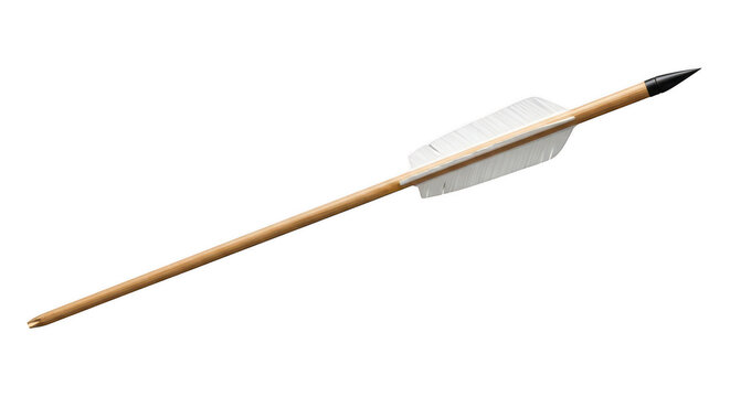 A traditional wooden arrow with a white fletching and a sharp metal tip isolated on transparent background