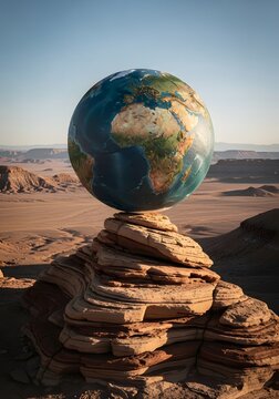 A vibrant Earth globe precariously balances on sculpted rock in a vast desert, symbolizing fragile global environmental balance and the urgent call for planetary sustainability