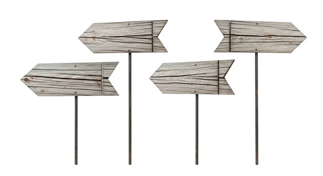 A set of four wooden signs with arrows pointing in different directions isolated on transparent background