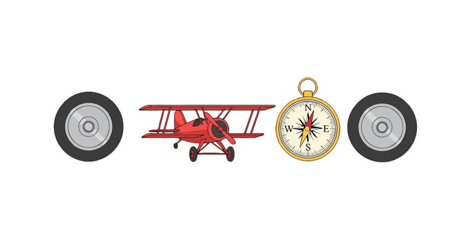 Vintage biplane model positioned between two circular wheels and a classic navigation compass.