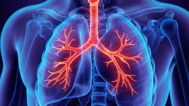 Human lung anatomy illustration with trachea and bronchi, suitable for medical education, healthcare presentation, research, biology and science.
