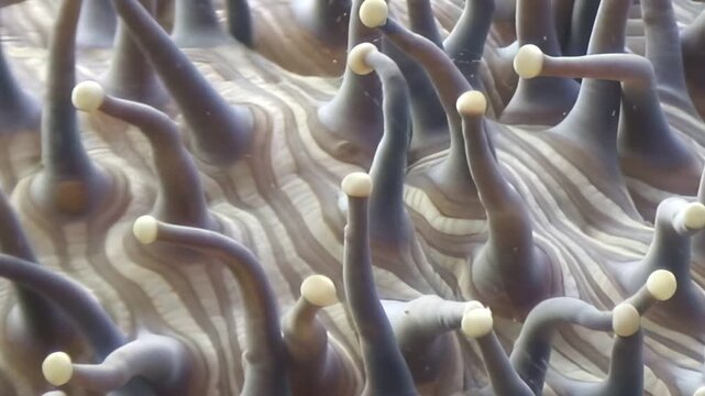 This captivating close-up reveals an underwater organism's myriad tentacles, each tipped with a luminous pearl. They gently undulate on a textured seabed, bathed in ambient ocean light.