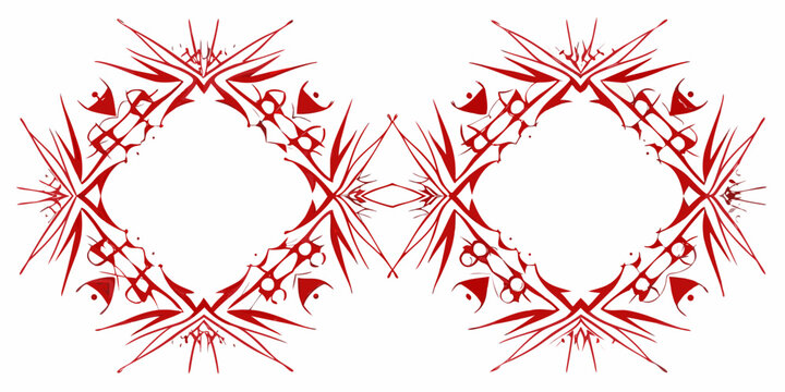 Abstract red design featuring symmetrical jagged and ornate shapes
