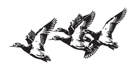 Vector illustration of geese flying in formation, black and white graphic design © Akel