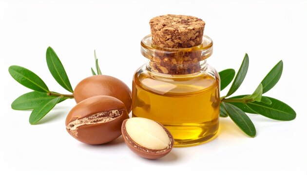Argan nuts with small glass bottle containing oil and fresh leaves, isolated white background, luxury natural cosmetics concept, high resolution.