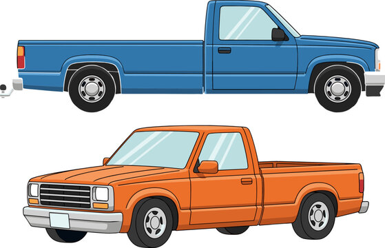 Pickup Truck Illustration Set Featuring Classic and Modern Utility Vehicles with Detailed Side View for Transport, Automotive Design, and Commercial Use Concepts