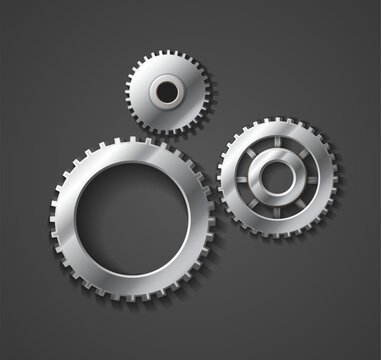 realistic vector icon illustration. Metal silver gears on gray background.