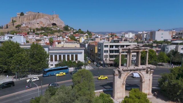 Athens, Greece: Aerial view of Hadrian&rsquo;s Arch and the ancient ruins of Athens on a sunny day.