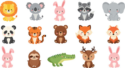Fototapeta premium Cute baby animals cartoon set with lion koala rabbit raccoon elephant panda tiger bear fox vector illustration