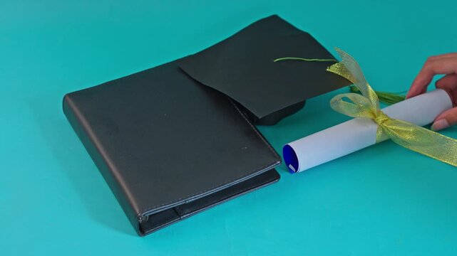 Hand placing rolled degree scroll next to professional portfolio and graduation cap on teal background