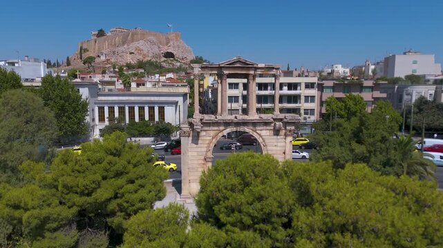 Athens, Greece: Aerial view of Hadrian&rsquo;s Arch and the ancient ruins of Athens on a sunny day.