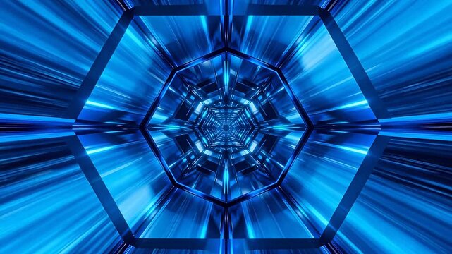 Blue hexagonal tunnel structure with moving light perspective