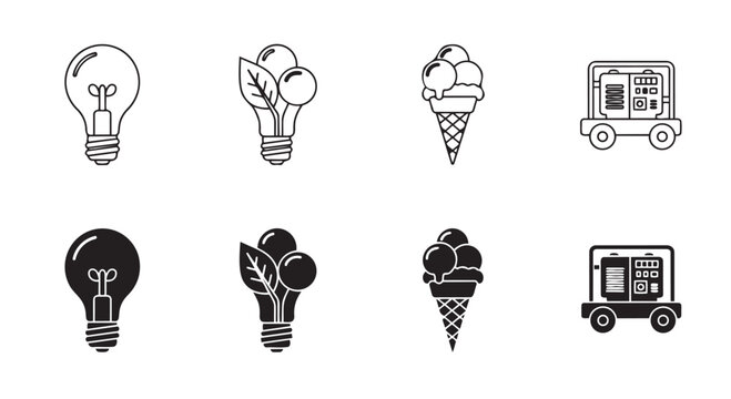 Vector illustration of light bulb, ice cream, and generator icons in black and white