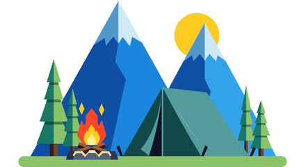 Fototapeta premium Camping Trip: Tent, Bonfire, Mountains, Sun, Pine Trees, Outdoor Adventure