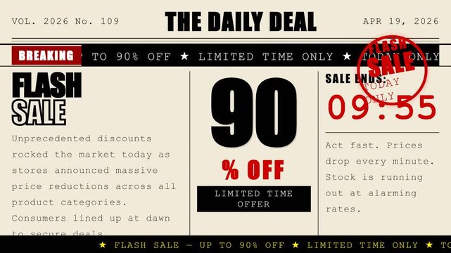 Vintage Newspaper Style Flash Sale Animation with 90 Percent Discount and Countdown Timer
