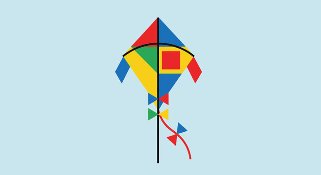 Colorful Geometric Kite Flying on Light Blue Background