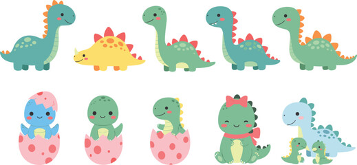 Cute baby dinosaur cartoon set with hatching eggs and kawaii dino characters vector illustration © Yevhenii creative