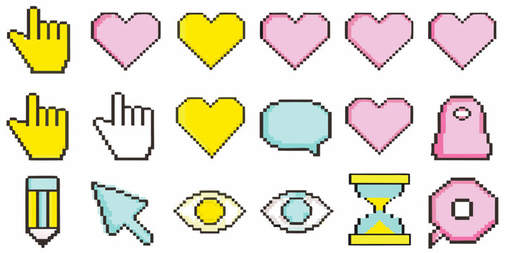 Colorful pixel art icons displaying hands hearts and various objects