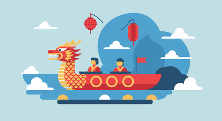 Obraz premium Dragon Boat Festival Celebration, People Paddling Dragon Boat with Lanterns