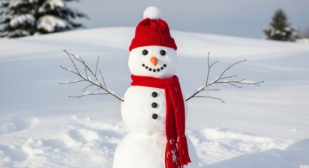 Obraz premium Snowman with red hat and scarf on snowy landscape winter scene