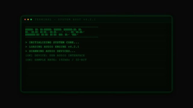 Retro Style Command Line Interface Displaying System Core Startup and Audio Device Scanning