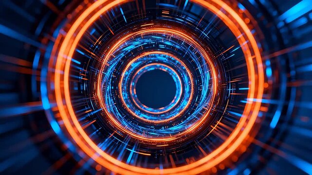 Circular glowing tunnel with orange and blue concentric rings