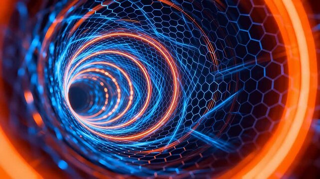 Futuristic spiral tunnel with honeycomb grid and light trails
