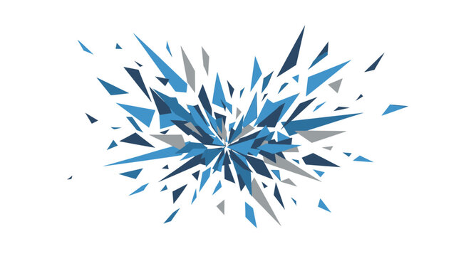 Abstract blue and gray geometric shards exploding on white background