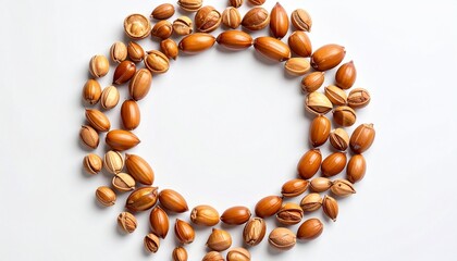 Obraz premium Argan seeds form a circular composition with empty space in the center, white background, minimalist design.