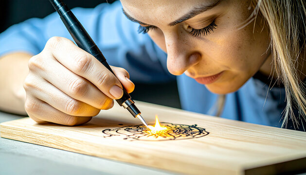 Side View of Skilled Wood Burning Artist Creating Custom Decorative Designs on Natural Wood Surface